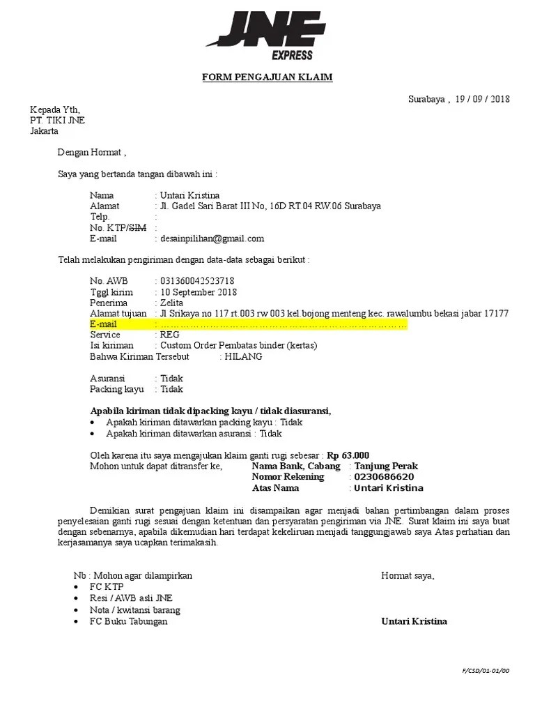 JNE Form Pengajuan Klaim | PDF