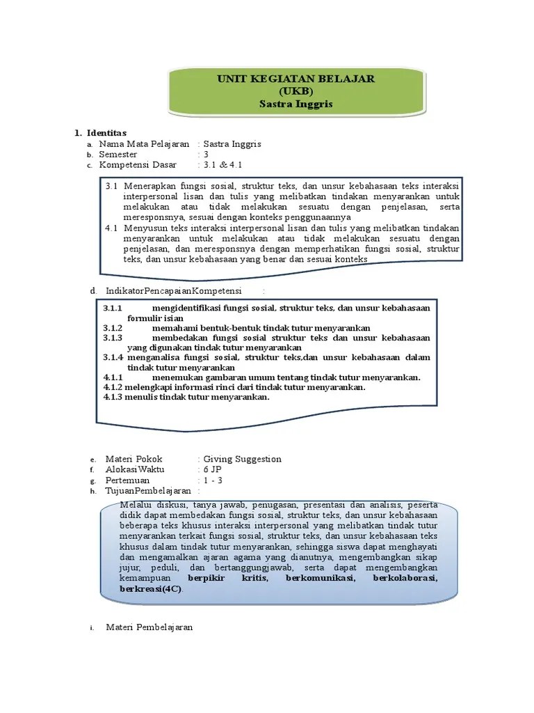 UKBM Sastra Inggris XI 3.1 - 4.1 Suggestion | PDF