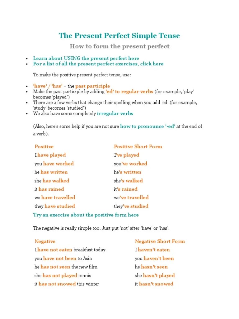 The Present Perfect Simple Tense | PDF | Perfect (Grammar) | Grammatical  Tense