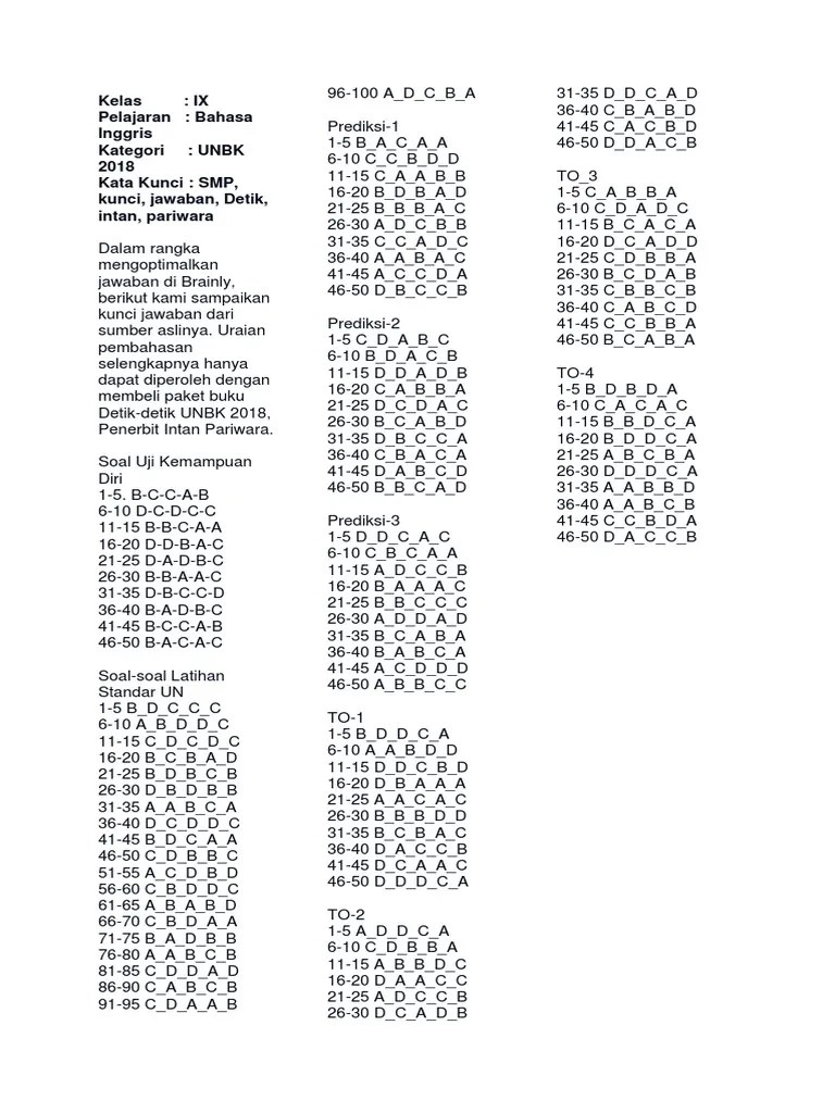 Kunci Jawaban Detik Detik Sd 2018 2019 Bahasa Indonesia