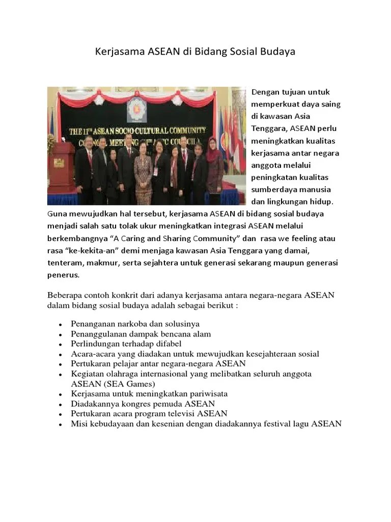 Kerjasama ASEAN Di Bidang Sosial Budaya | PDF