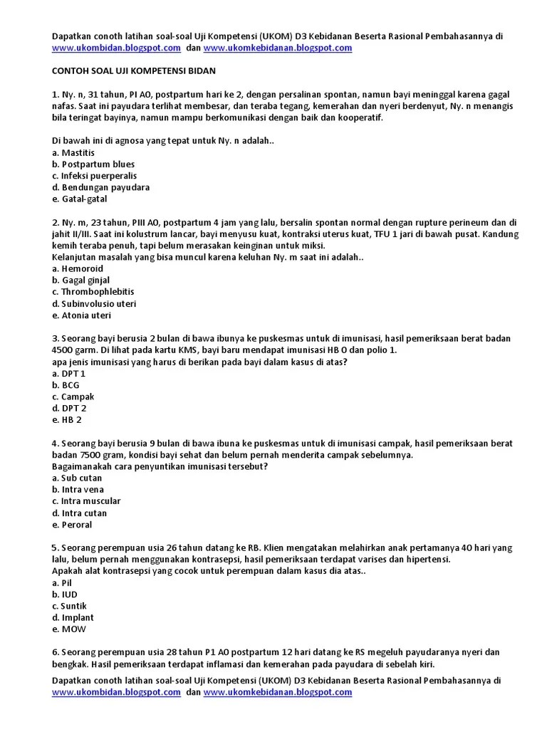 Contoh Soal Uji Kompetensi Bidan Dan Kunci Jawaban PDF | PDF