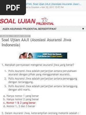 Soal Ujian PRUDENTIAL Soal Ujian AAJI (Asosiasi Asuransi Jiwa Indonesia) |  PDF