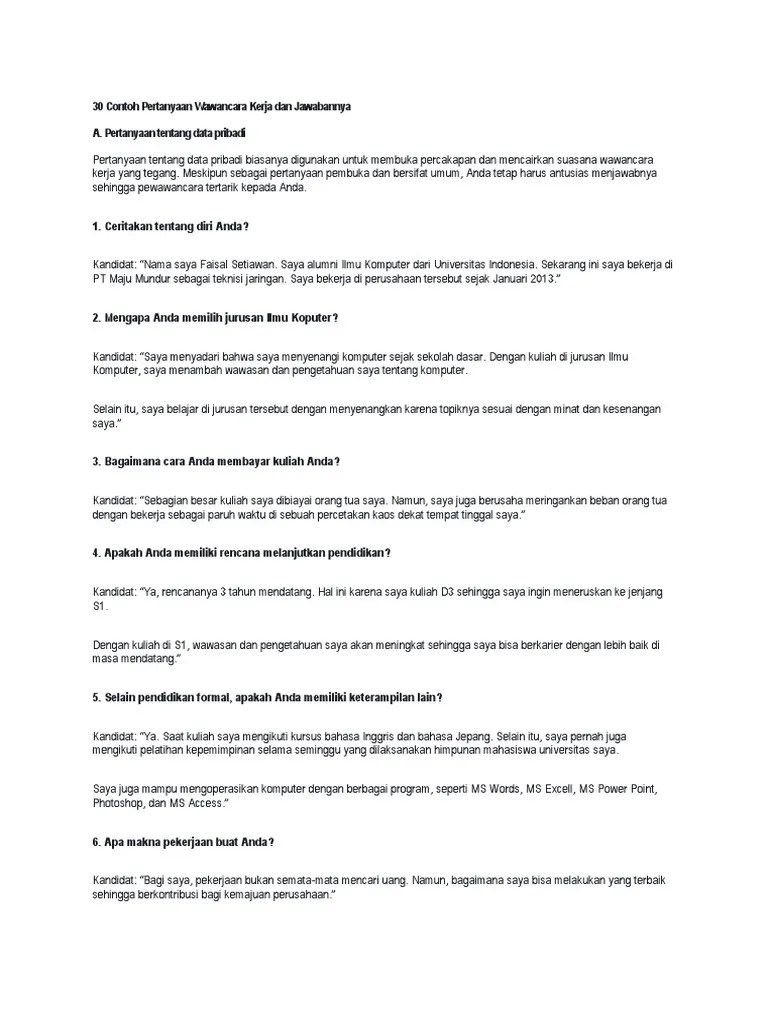 30 Contoh Pertanyaan Wawancara Kerja Dan Jawabannya | PDF