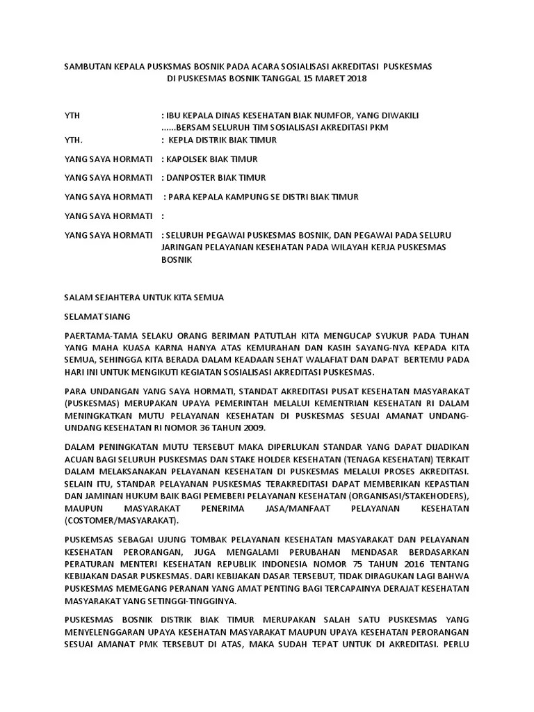 Sambutan Kepala Pusksmas Bosnik Pada Acara Sosialisasi Puskesmas | PDF