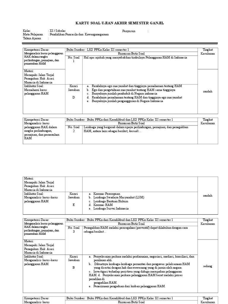 Kartu Soal PPKN UAS Semester 1 Kelas XI | PDF