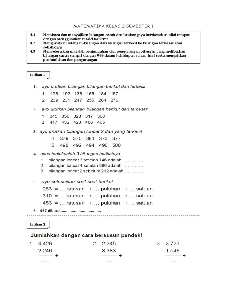 MATEMATIKA KELAS 2 SEMESTER 1 Penjumlahan Pengurangan Perkalian | PDF