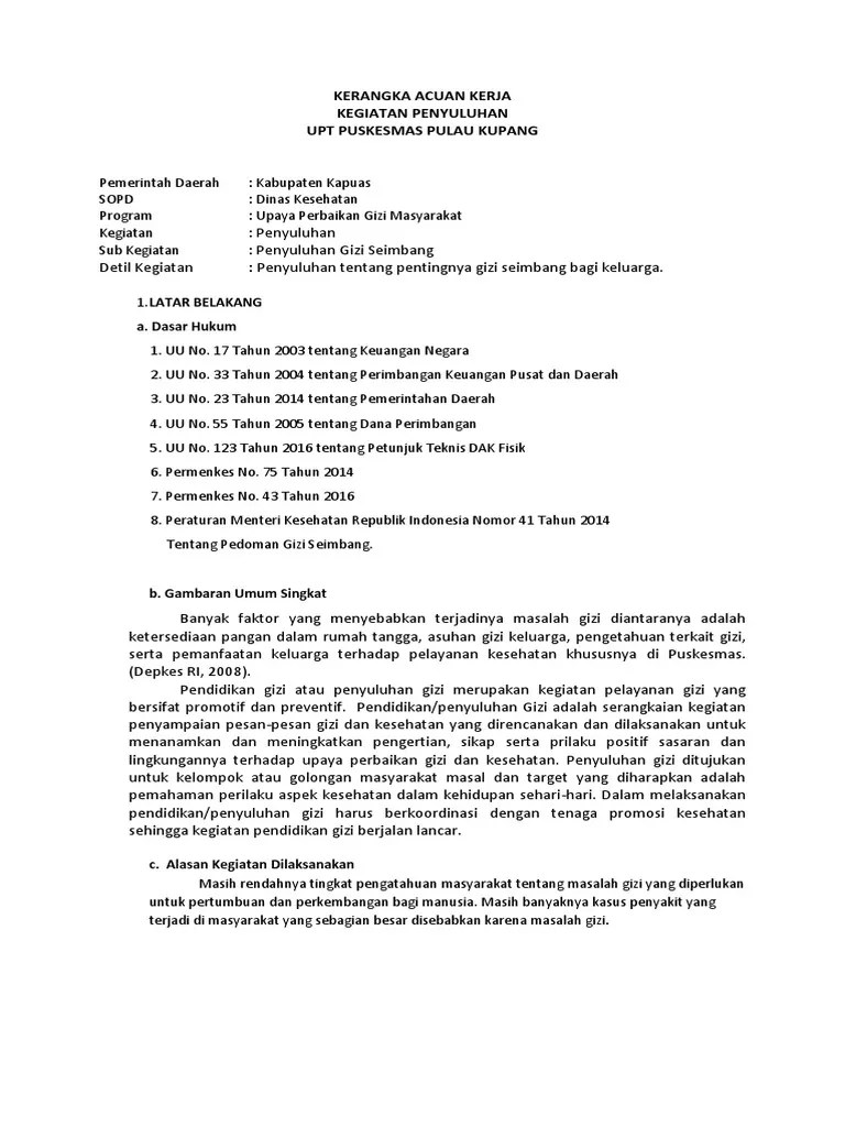 Kerangka Acuan Kerja Penyuluhan Gizi Seimbang | PDF
