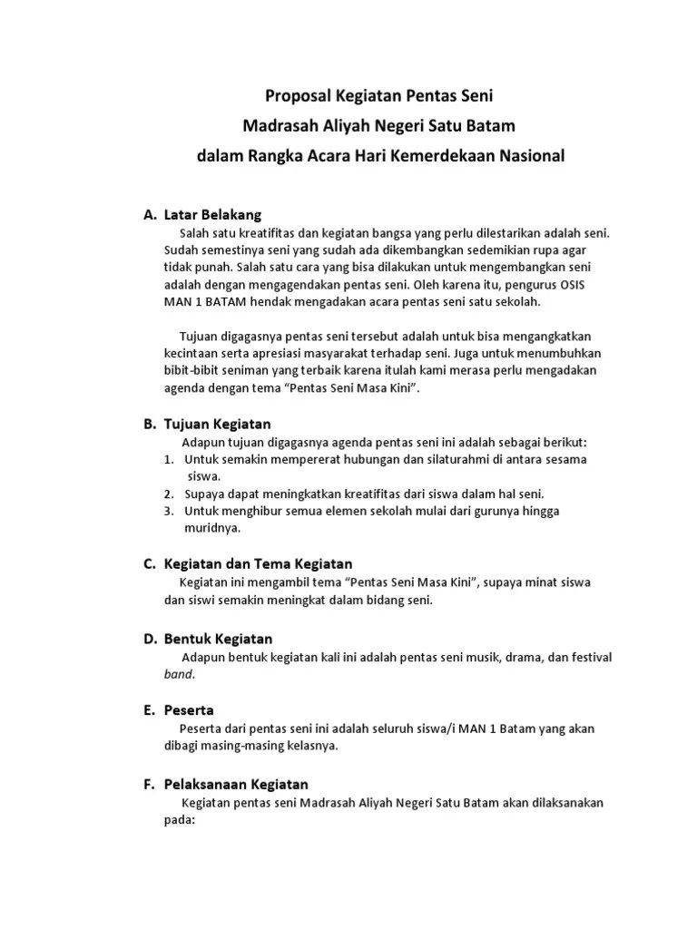 Proposal Kegiatan Pentas Seni Madrasah Aliyah Negeri Satu Batam Dalam  Rangka Acara Hari Kemerdekaan Nasional | PDF