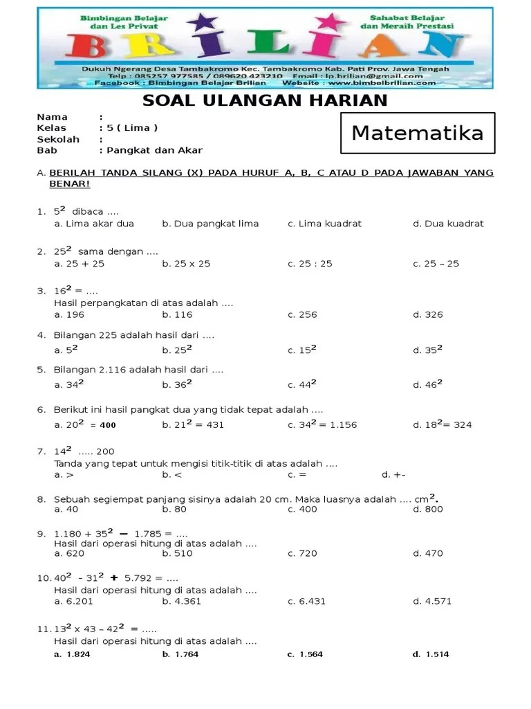 Soal Uts Matematika Kelas 4 Tentang Akar Kuadrat