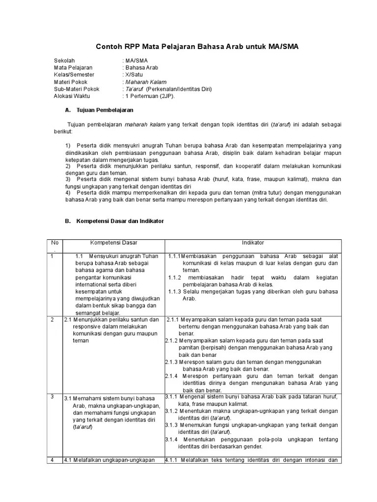 Contoh RPP Mata Pelajaran Bahasa Arab | PDF