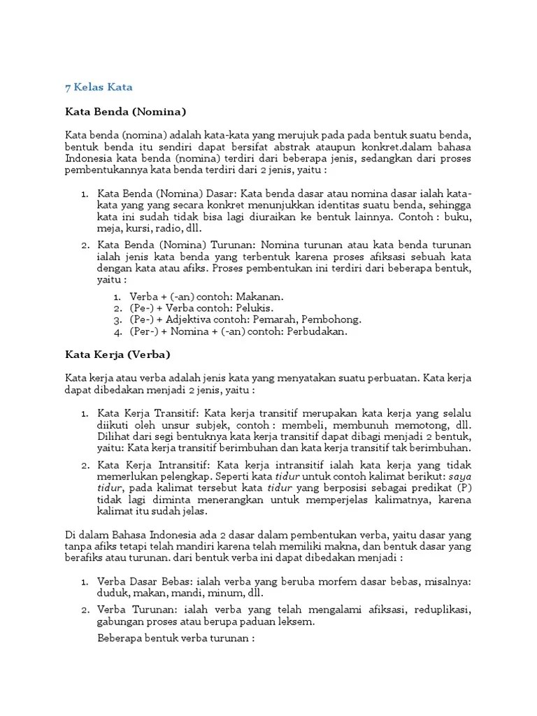 7 Kelas Kata Dalam Bahasa Indonesia | PDF