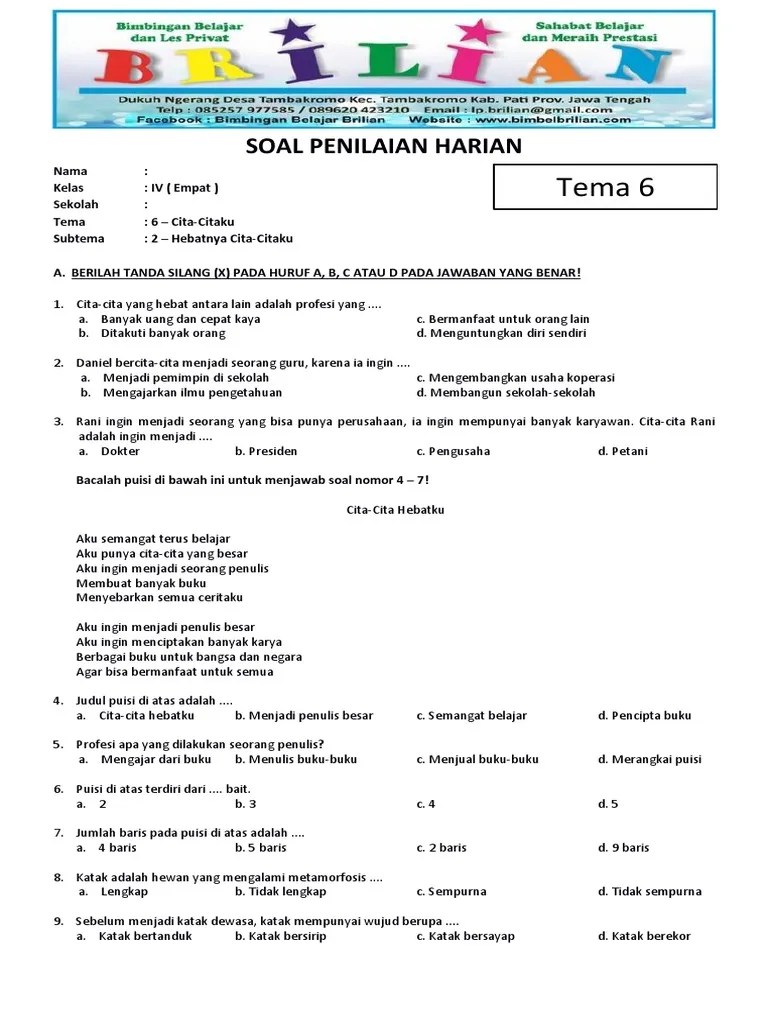 Soal Tematik Kelas 4 SD Tema 6 Subtema 2 Hebatnya Cita-Citaku Dan Kunci  Jawaban | PDF