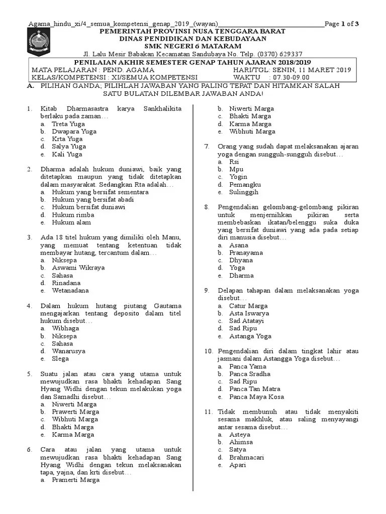 Soal Semster Genap Agama Hindu | PDF