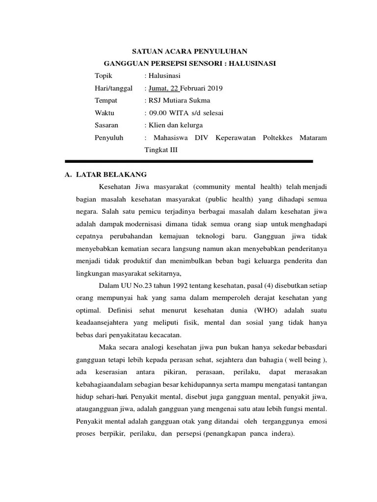 Satuan Acara Penyuluhan Gangguan Persepsi Sensori: Halusinasi | PDF