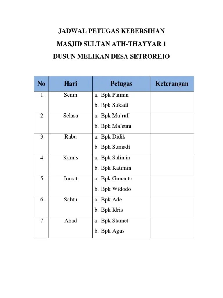 Jadwal Petugas Kebersihan | PDF