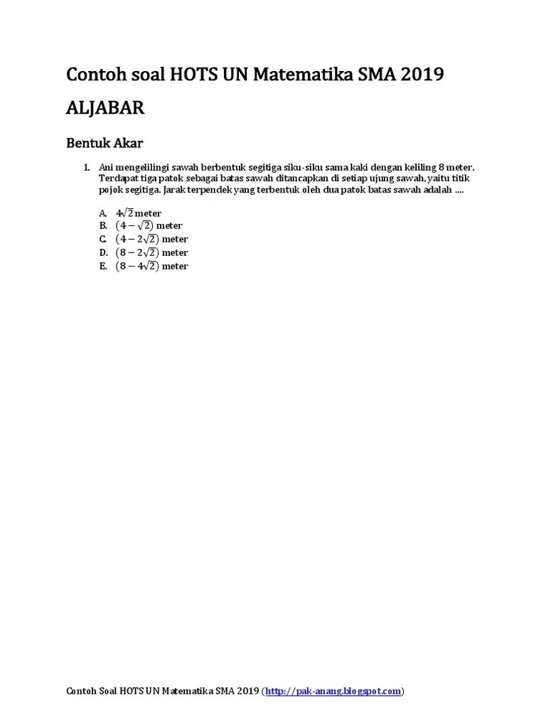 Contoh Soal HOTS UN Matematika SMA 2019 (Fix) PDF | PDF