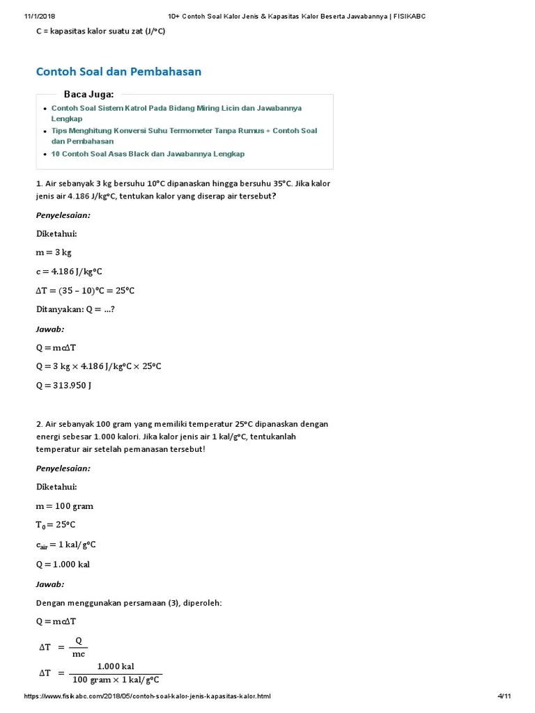10+ Contoh Soal Kalor Jenis &amp; Kapasitas Kalor Beserta Jawabannya - FISIKABC  | PDF
