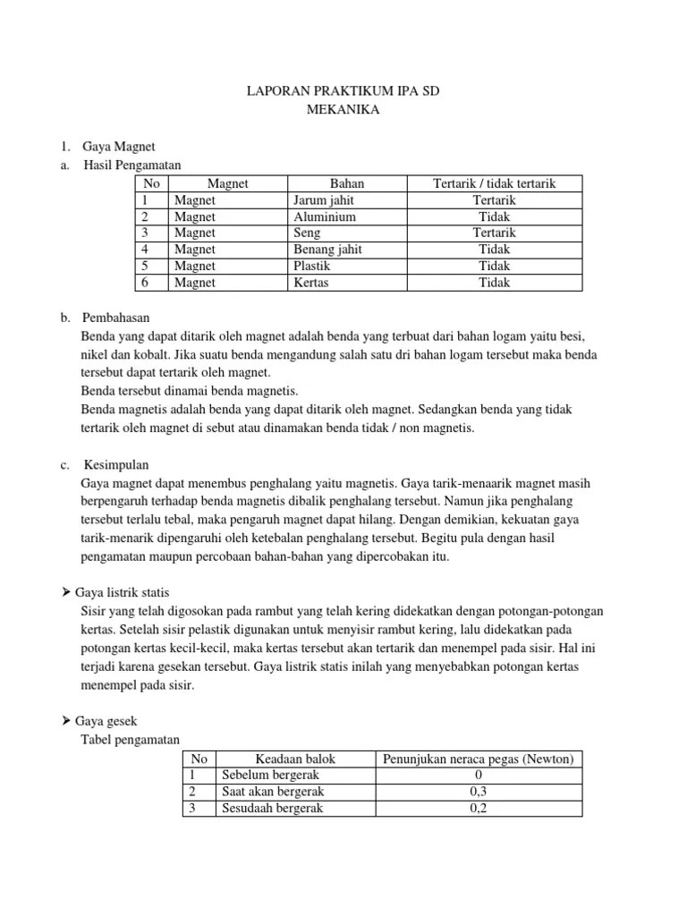 Laporan Praktikum Ipa SD Gaya | PDF