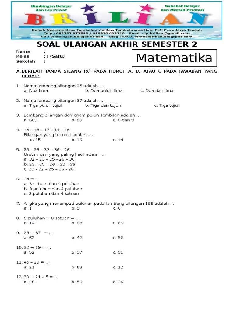 Soal UAS Matematika Kelas 1 SD Semester 2 Dan Kunci Jawaban PDF | PDF