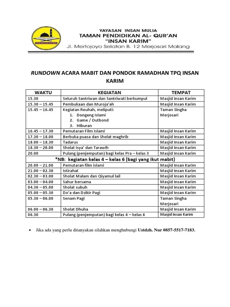Rundown Acara Mabit Dan Pondok Ramadhan TPQ Insan Karim | PDF