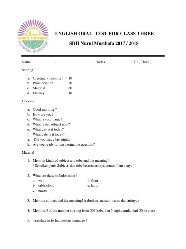 English Oral Test For Class Three | Indonesian Language | Language  Varieties And Styles
