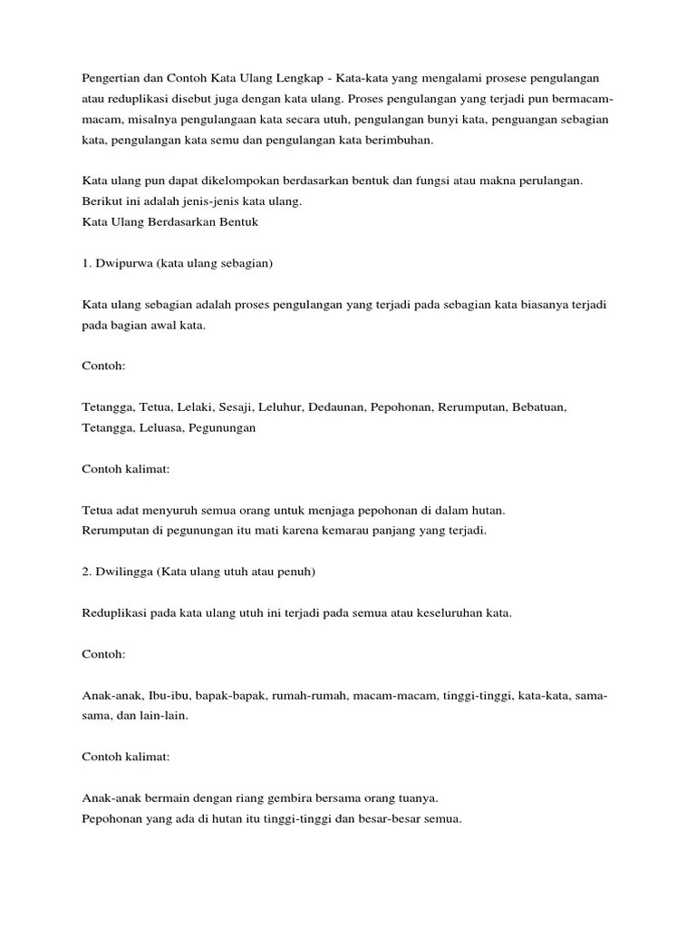 Pengertian Dan Contoh Kata Ulang Lengkap | PDF
