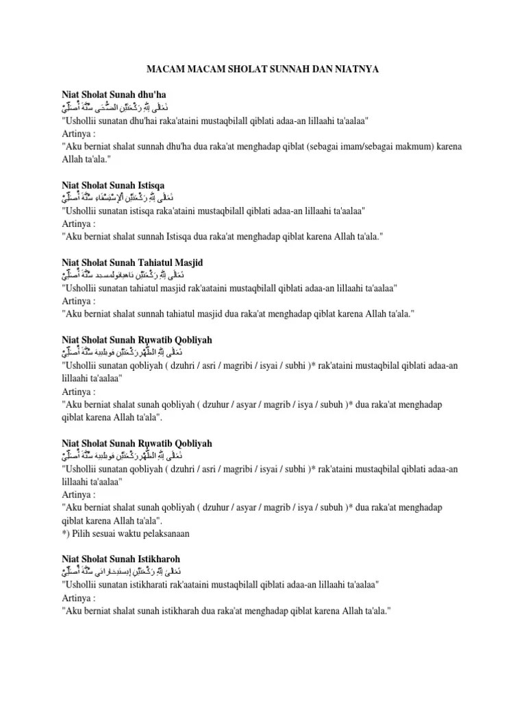 Macam Macam Sholat Sunnah Dan Niatnya Niat Sholat Sunah Dhu&rsquo;ha | PDF