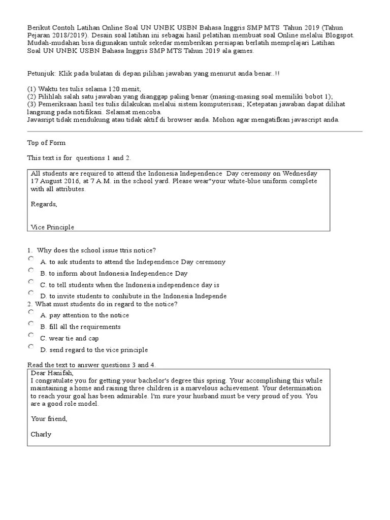 Soal Un Bahasa Inggris Smp Dan Kunci Jawaban