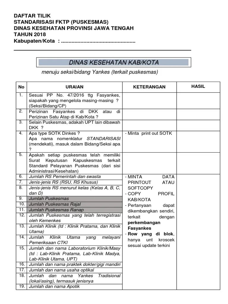 Daftar Tilik Stand FKTP - Form Monev | PDF