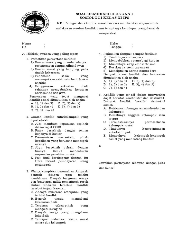 Soal Sosiologi Kelas Xi Konflik Dan Integrasi Sosial