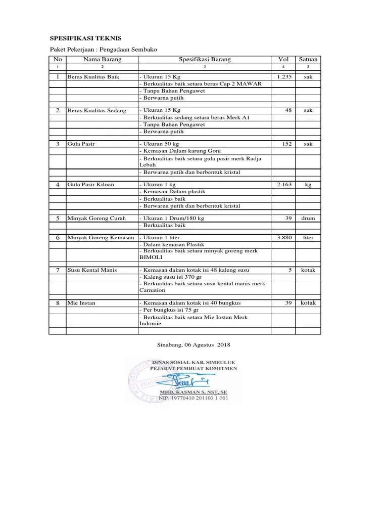 Spesifikasi Teknis Pengadaan Sembako Dinsos Tahun 2018 | PDF