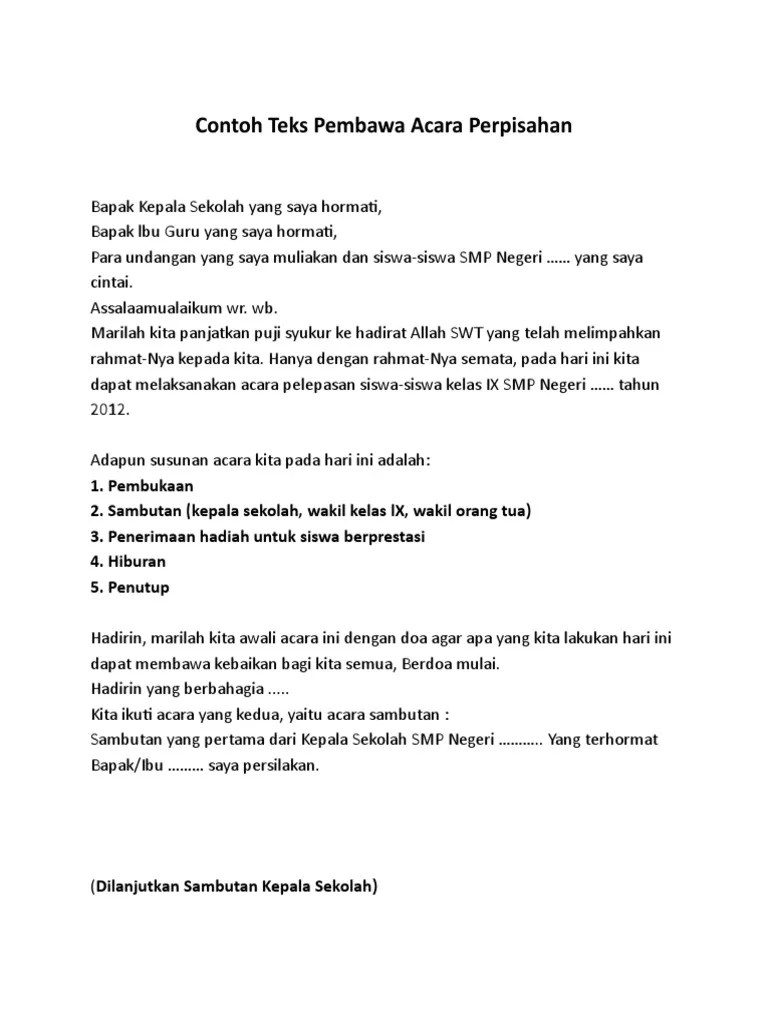 Contoh Teks Pembawa Acara Perpisahan | PDF