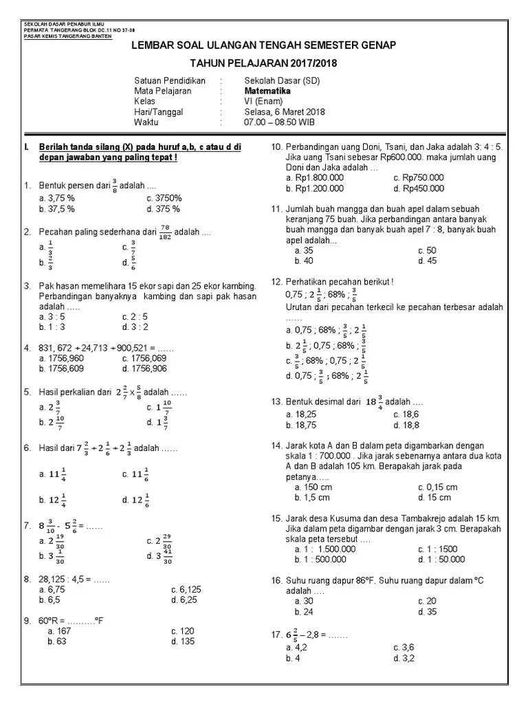 Uts MTK Kelas Vi Sem 2 | PDF