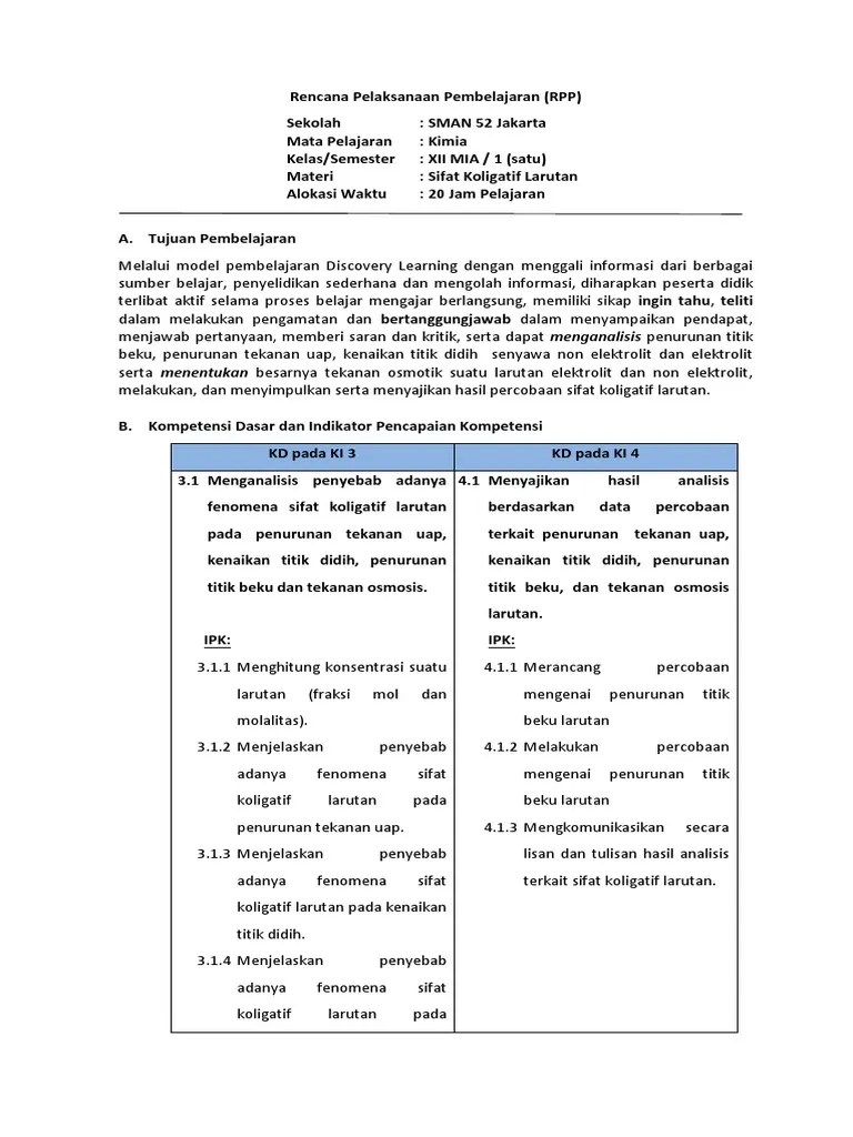 Fix RPP 1 Sifat Koligatif Larutan | PDF