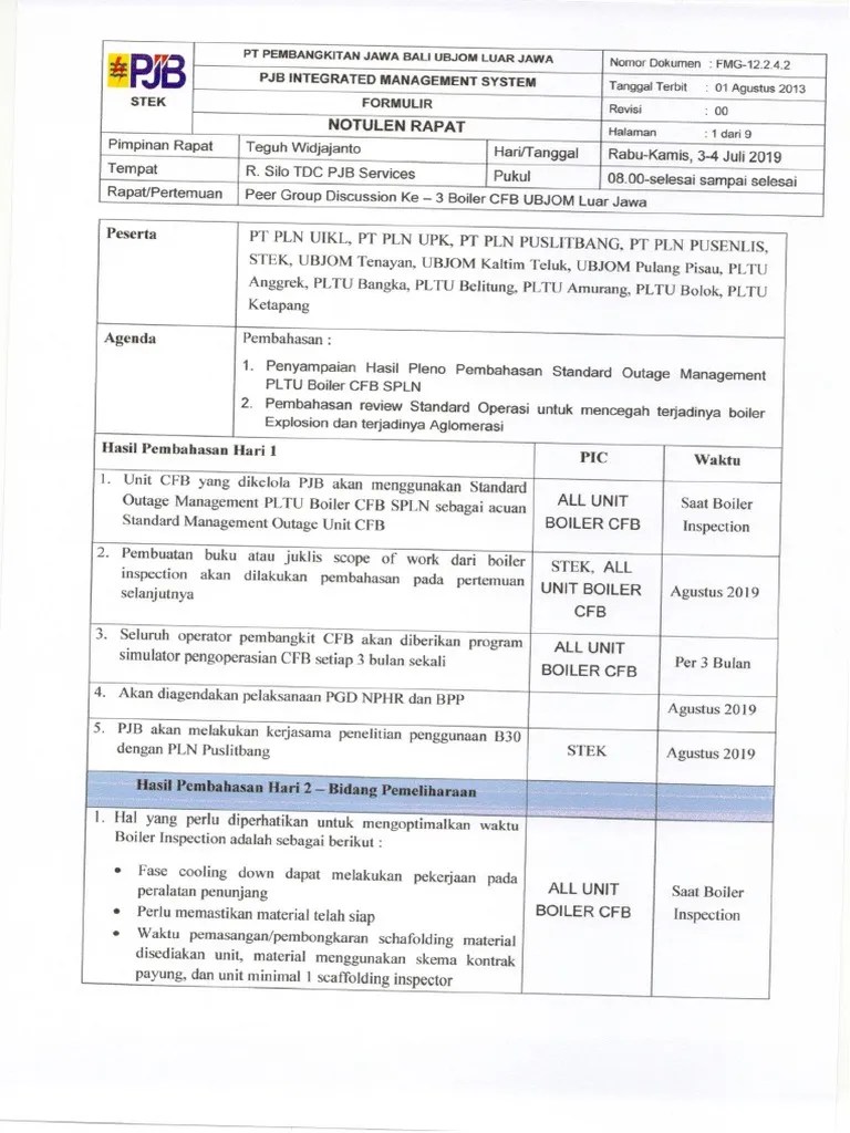 Notulen PGD Ke 3 Boiler CFB UBJOM Luar Jawa PDF | PDF