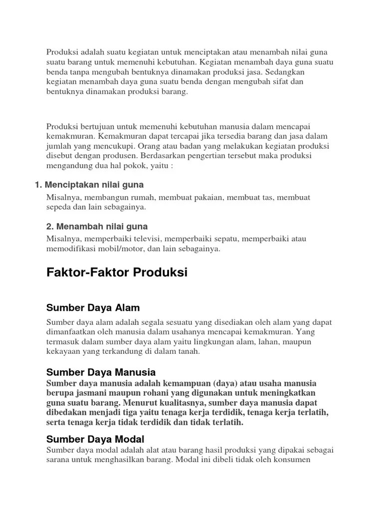 Produksi Adalah Suatu Kegiatan Untuk Menciptakan Atau Menambah Nilai Guna  Suatu Barang Untuk Memenuhi Kebutuhan | PDF