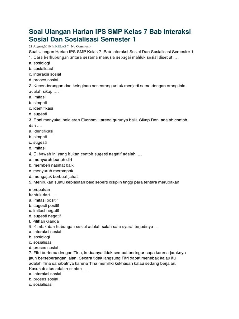 Soal Ulangan Harian IPS SMP Kelas 7 Bab Interaksi Sosial Dan Sosialisasi  Semester 1 | PDF