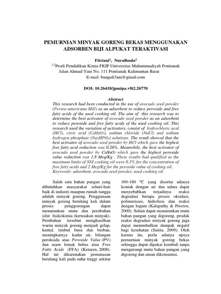 Pemurnian Minyak Goreng Bekas Menggunakan Adsorben Biji Alpukat Teraktivasi  | PDF