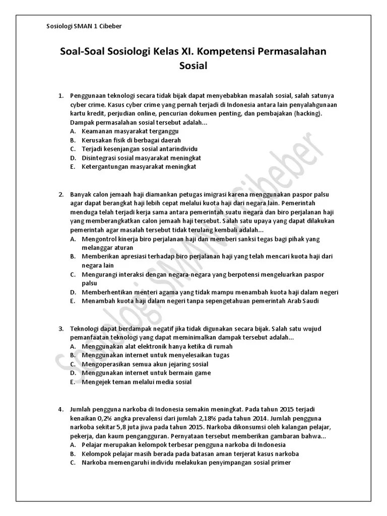 Soal-Soal Sosiologi Kelas XI. Kompetensi Permasalahan Sosial | PDF