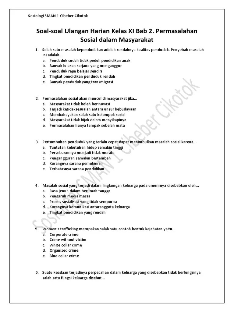 Soal-Soal Ulangan Harian Kelas XI Bab 2. Permasalahan Sosial Dalam  Masyarakat | PDF