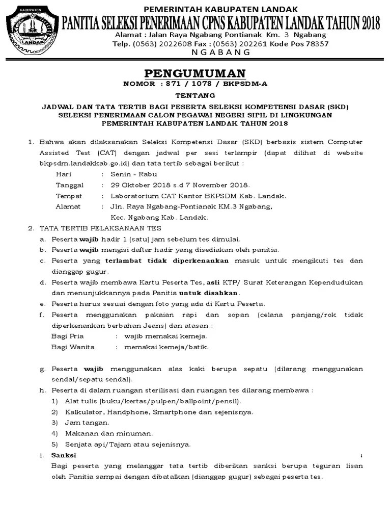 PENGUMUMAN PELAKSANAAN TES CPNS KAB - LANDAK TAHUN 2018 + Lampiran 2-1 | PDF