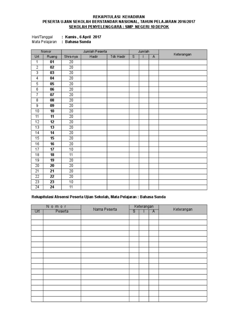 Rekapitulasi Kehadiran Siswa Us 2017 | PDF