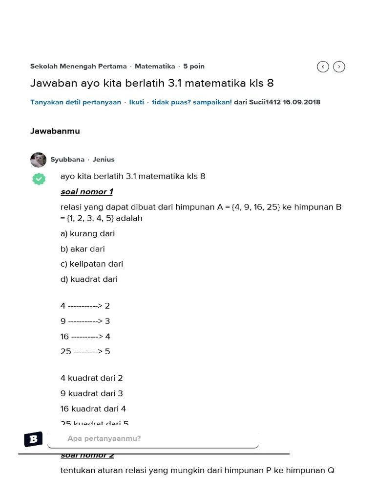 Jawaban Ayo Kita Berlatih 3.1 Matematika Kls 8 - Brainly - Co.id | PDF