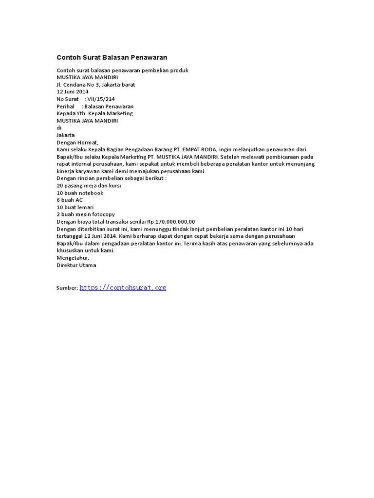 Contoh Surat Balasan Penawaran | PDF