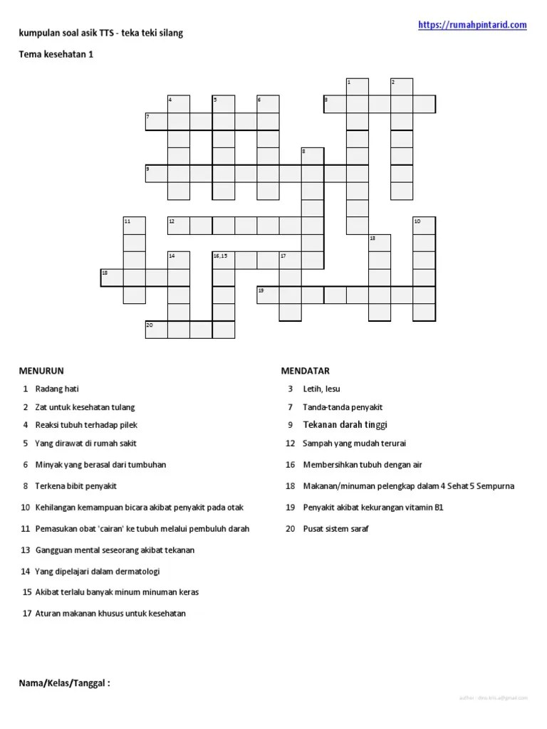 Teka Teki Silang Dan Jawaban Tema Kesehatan 1 | PDF