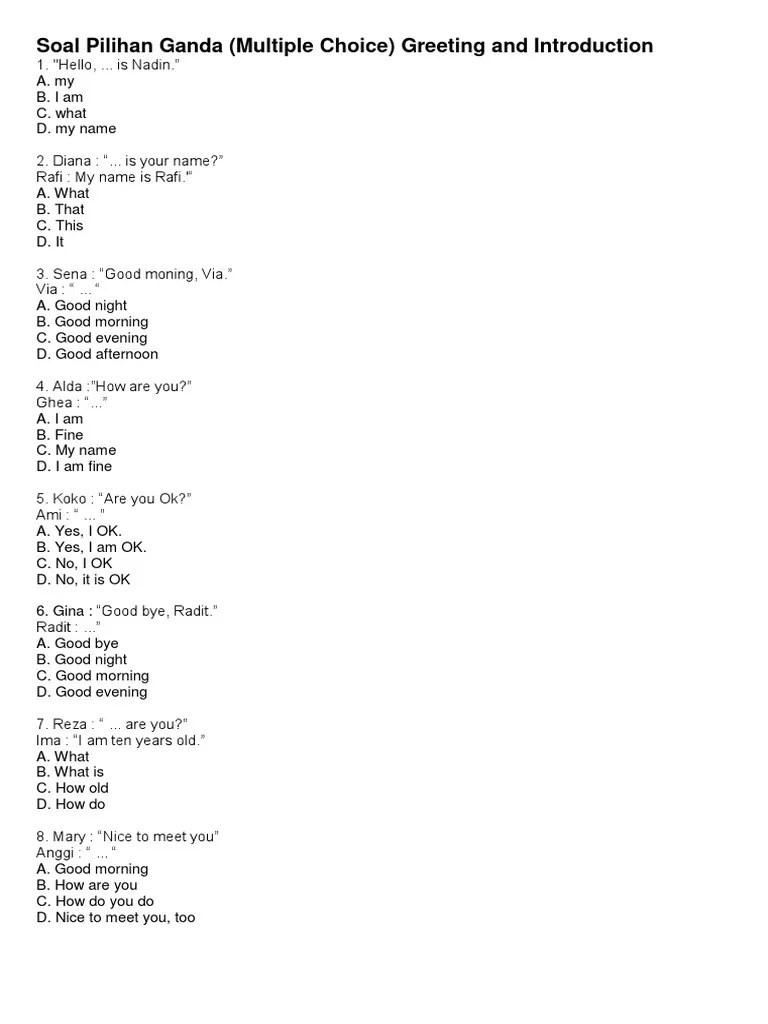 Soal Pilihan Ganda Bahasa Inggris Greeting - Revisi Id