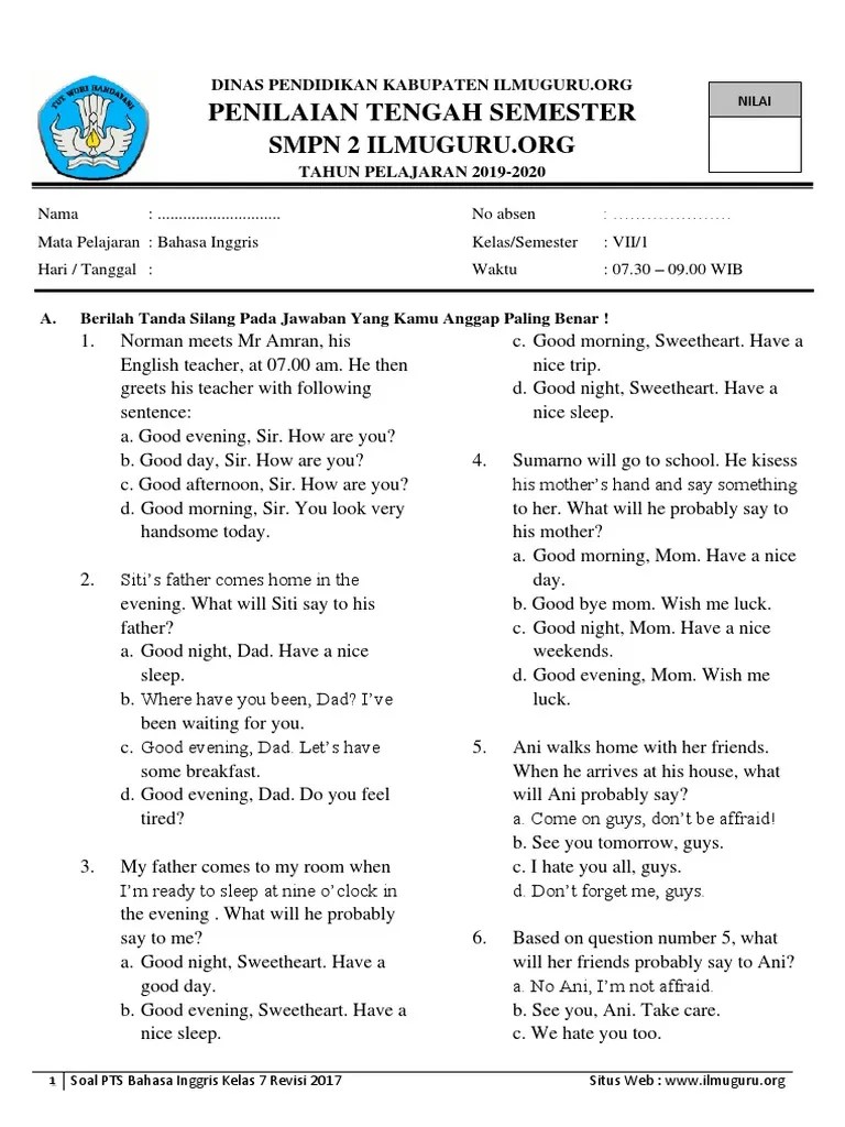 Soal Pilihan Ganda Bahasa Inggris Kelas 7 Chapter 5
