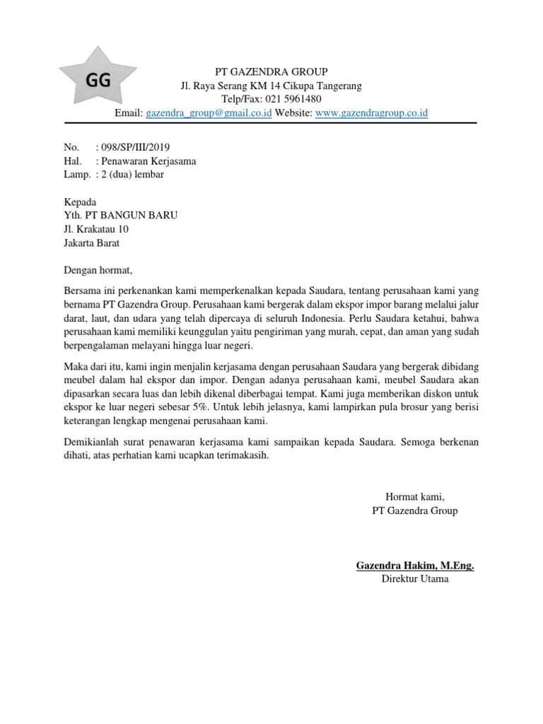 Contoh Surat Penawaran Kerjasama Dalam Bahasa Inggris Semi Block Style -  Nusagates
