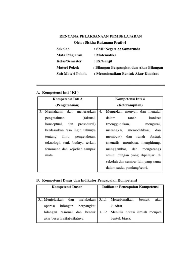 RPP Bilangan Berpangkat Dan Bentuk Akar 2 | PDF